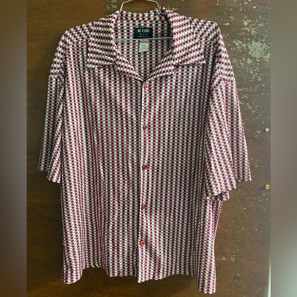 BC Ethic Polyester Red and White Men's Lounge Button Up Shirt